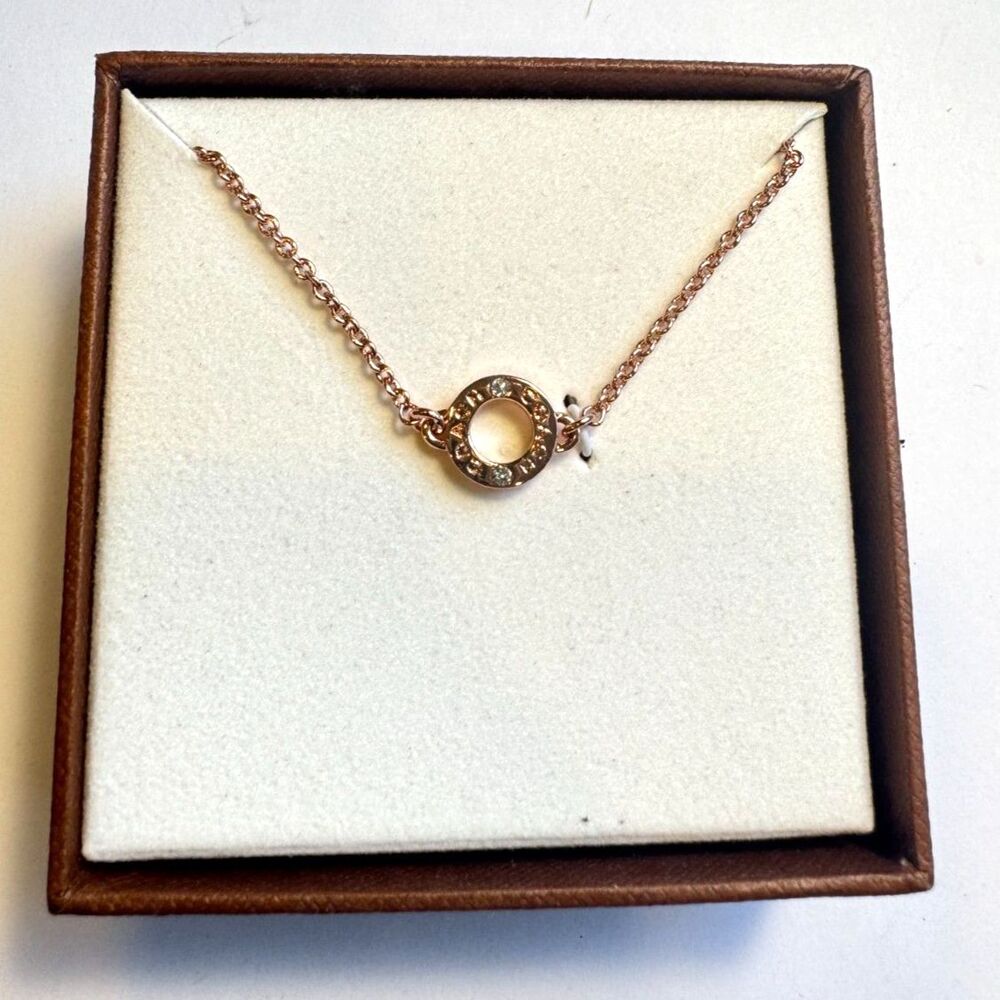 Coach Rose Gold Open Ring Circle Charm Pave Crystals Chain Necklace NEW in Box - Picture 2 of 5